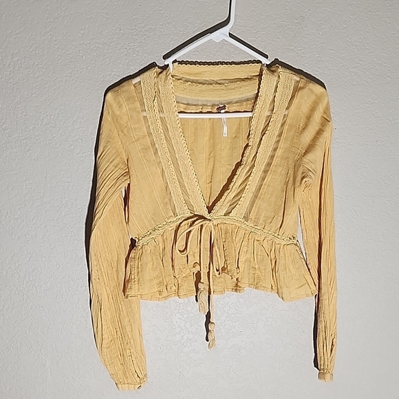 Free People Blouse Womens Extra Small Oberoi Babydoll Top Yellow Lace Y2K Boho - Picture 1 of 10